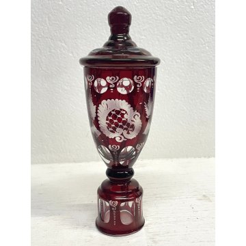 ANTICO DECANTER e VASO con COPERCHIO CRISTALLO BOEMIA ROSSO RUBINO CUT to CLEAR