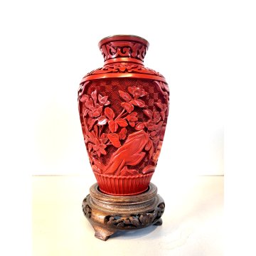 VASO CINESE Bouquet FIORI LOTO INTAGLIATO ROSSO cinabro RED CINNABAR 12,5 cm/h