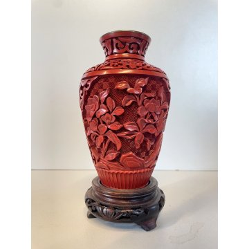 VASO CINESE Bouquet FIORI LOTO INTAGLIATO ROSSO cinabro RED CINNABAR 12,5 cm/h