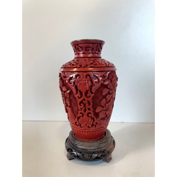 VASO CINESE Bouquet FIORI LOTO INTAGLIATO ROSSO cinabro RED CINNABAR 12,5 cm/h