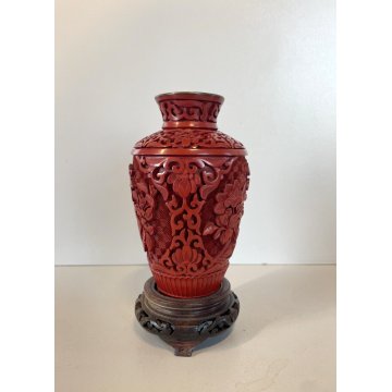 VASO CINESE Bouquet FIORI LOTO INTAGLIATO ROSSO cinabro RED CINNABAR 12,5 cm/h