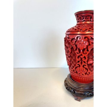 VASO CINESE Bouquet FIORI LOTO INTAGLIATO ROSSO cinabro RED CINNABAR 12,5 cm/h