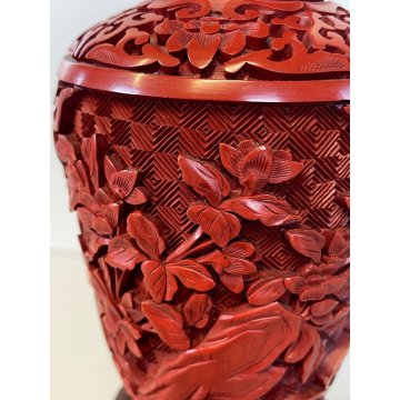 VASO CINESE Bouquet FIORI LOTO INTAGLIATO ROSSO cinabro RED CINNABAR 12,5 cm/h