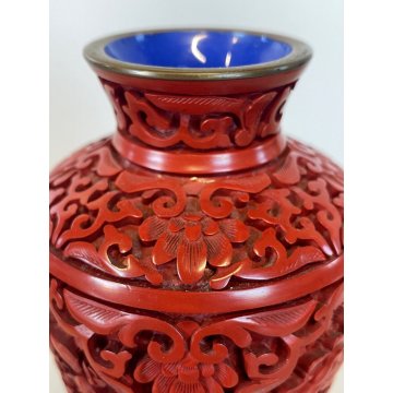 VASO CINESE Bouquet FIORI LOTO INTAGLIATO ROSSO cinabro RED CINNABAR 12,5 cm/h