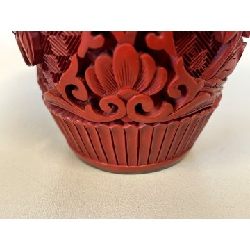 VASO CINESE Bouquet FIORI LOTO INTAGLIATO ROSSO cinabro RED CINNABAR 12,5 cm/h