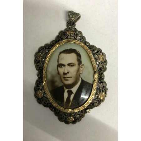 ANTICO GRANDE CIONDOLO GIOIELLO PORTAFOTO ORO ARGENTO FILIGRANA