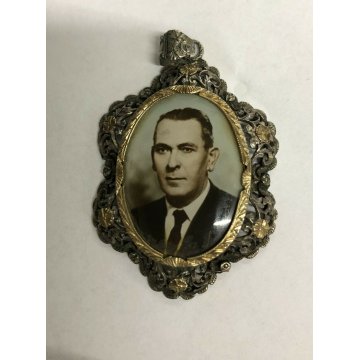ANTICO GRANDE CIONDOLO GIOIELLO PORTAFOTO ORO ARGENTO FILIGRANA