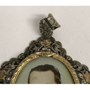 ANTICO GRANDE CIONDOLO GIOIELLO PORTAFOTO ORO ARGENTO FILIGRANA