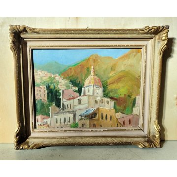 ANTICO QUADRO firmato DIPINTO PAESAGGIO Chiesa Santa Maria Assunta 1956 POSITANO