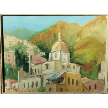 ANTICO QUADRO firmato DIPINTO PAESAGGIO Chiesa Santa Maria Assunta 1956 POSITANO