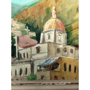 ANTICO QUADRO firmato DIPINTO PAESAGGIO Chiesa Santa Maria Assunta 1956 POSITANO