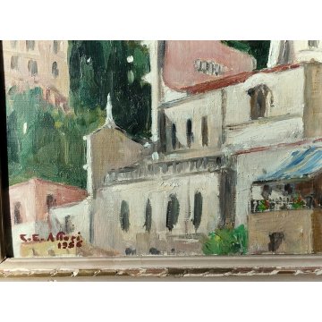 ANTICO QUADRO firmato DIPINTO PAESAGGIO Chiesa Santa Maria Assunta 1956 POSITANO