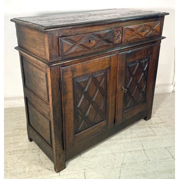 ANTICA CREDENZA epoca 1600 DECORO DIAMANTE LEGNO 2 CASSETTI MOBILE COMO ANTA