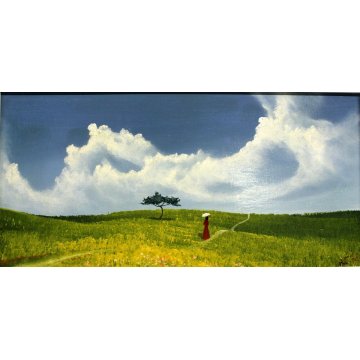 QUADRO DIPINTO OLIO TAVOL Antonio Zale PAESAGGIO FIGURA DONNA ROSSO COLLINE 1973