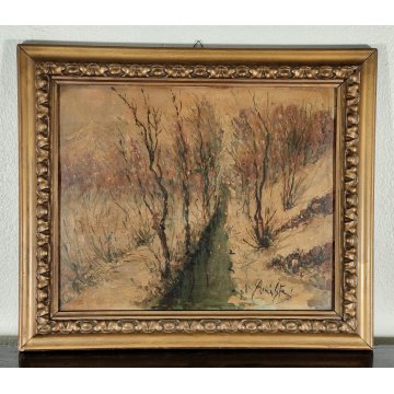 ANTICO QUADRO firmato DIPINTO olio tavola PAESAGGIO MONTANO NEVE inverno 1946