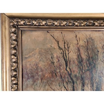 ANTICO QUADRO firmato DIPINTO olio tavola PAESAGGIO MONTANO NEVE inverno 1946