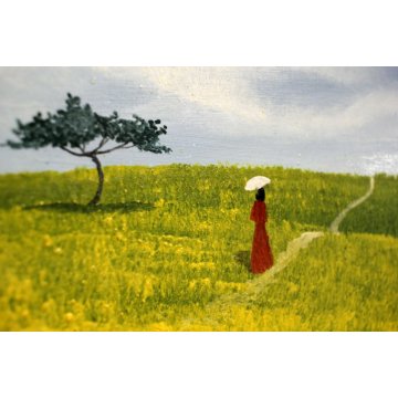 QUADRO DIPINTO OLIO TAVOL Antonio Zale PAESAGGIO FIGURA DONNA ROSSO COLLINE 1973