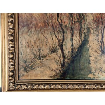 ANTICO QUADRO firmato DIPINTO olio tavola PAESAGGIO MONTANO NEVE inverno 1946