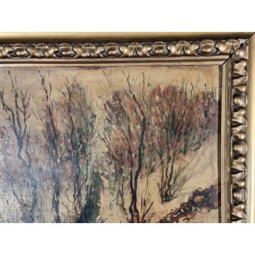 ANTICO QUADRO firmato DIPINTO olio tavola PAESAGGIO MONTANO NEVE inverno 1946