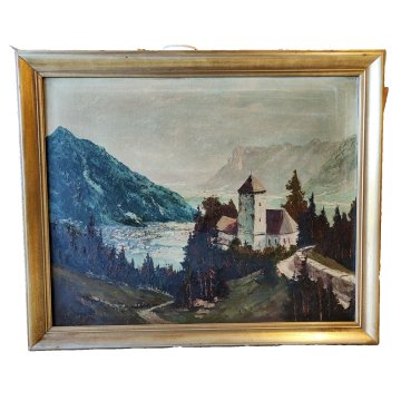 GRANDE ANTICO QUADRO DIPINTO OLIO Willy Jäger PAESAGGIO Castello Tirolo MERANO