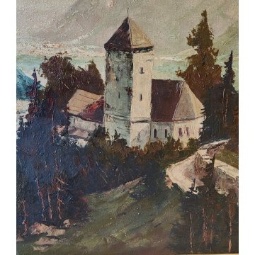 GRANDE ANTICO QUADRO DIPINTO OLIO Willy Jäger PAESAGGIO Castello Tirolo MERANO