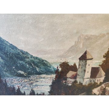 GRANDE ANTICO QUADRO DIPINTO OLIO Willy Jäger PAESAGGIO Castello Tirolo MERANO