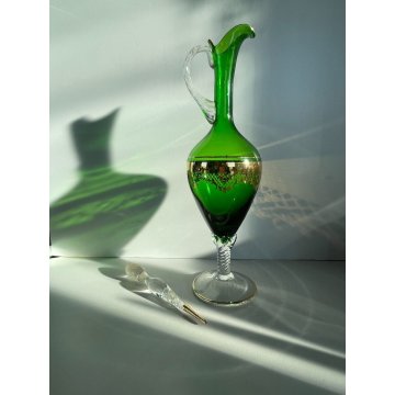 BOTTIGLIA GENIO con TAPPO VETRO SOFFIATO VERDE Empoli ORO CARAFFA MID-CENTURY