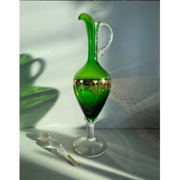 BOTTIGLIA GENIO con TAPPO VETRO SOFFIATO VERDE Empoli ORO CARAFFA MID-CENTURY