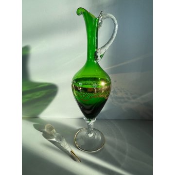 BOTTIGLIA GENIO con TAPPO VETRO SOFFIATO VERDE Empoli ORO CARAFFA MID-CENTURY