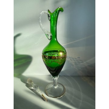 BOTTIGLIA GENIO con TAPPO VETRO SOFFIATO VERDE Empoli ORO CARAFFA MID-CENTURY