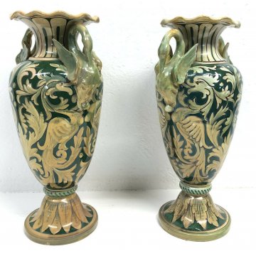 ANTICA COPPIA VASI CERAMICA SMALTATA LUCA DELLA ROBBIA GUALDO TADINO 1900 ITALY 