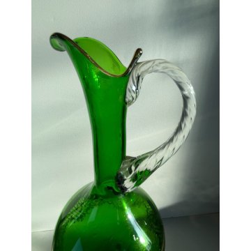 BOTTIGLIA GENIO con TAPPO VETRO SOFFIATO VERDE Empoli ORO CARAFFA MID-CENTURY