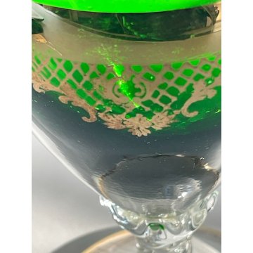 BOTTIGLIA GENIO con TAPPO VETRO SOFFIATO VERDE Empoli ORO CARAFFA MID-CENTURY