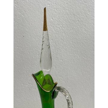 BOTTIGLIA GENIO con TAPPO VETRO SOFFIATO VERDE Empoli ORO CARAFFA MID-CENTURY