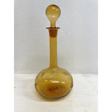 BOTTIGLIA DECANTER con TAPPO VETRO SOFFIATO DECORO MOLATO COLOR AMBRA META' '900