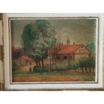 ANTICO QUADRO DIPINTO OLIO G. Pasquali PAESAGGIO CAMPAGNA cascina CONVENTO frame