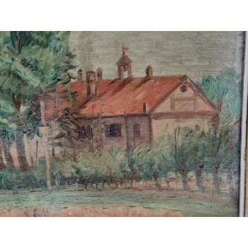 ANTICO QUADRO DIPINTO OLIO G. Pasquali PAESAGGIO CAMPAGNA cascina CONVENTO frame