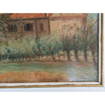 ANTICO QUADRO DIPINTO OLIO G. Pasquali PAESAGGIO CAMPAGNA cascina CONVENTO frame