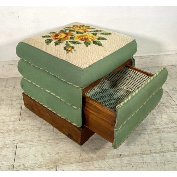 ANTICO POUF CASSETTO SEGRETO STOFFA IMBOTTITO LEGNO FIORI EPOCA 1800 SGABELLO