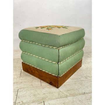 ANTICO POUF CASSETTO SEGRETO STOFFA IMBOTTITO LEGNO FIORI EPOCA 1800 SGABELLO