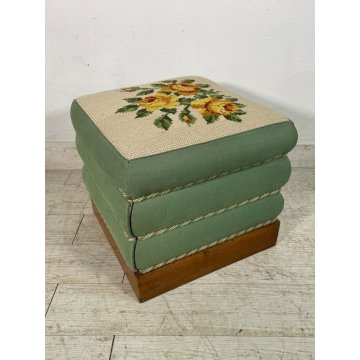 ANTICO POUF CASSETTO SEGRETO STOFFA IMBOTTITO LEGNO FIORI EPOCA 1800 SGABELLO