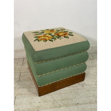 ANTICO POUF CASSETTO SEGRETO STOFFA IMBOTTITO LEGNO FIORI EPOCA 1800 SGABELLO