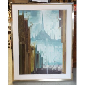 QUADRO ASTRATTO Nando Calderoni DIPINTO olio tela PAESAGGIO Duomo Milano 1968