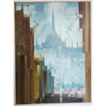 QUADRO ASTRATTO Nando Calderoni DIPINTO olio tela PAESAGGIO Duomo Milano 1968