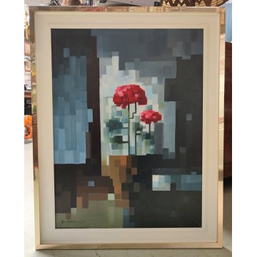 QUADRO ASTRATTO Nando Calderoni DIPINTO olio tela NATURA MORTA Fiori Garofani 68