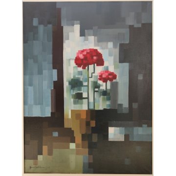 QUADRO ASTRATTO Nando Calderoni DIPINTO olio tela NATURA MORTA Fiori Garofani 68