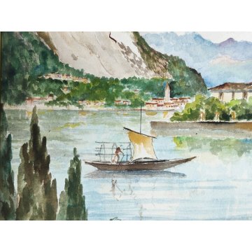 ANTICO QUADRO ACQUERELLO A. Parri PAESAGGIO Isola Pescatori LAGO MAGGIORE 1969