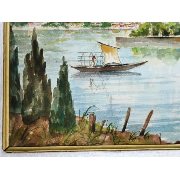 ANTICO QUADRO ACQUERELLO A. Parri PAESAGGIO Isola Pescatori LAGO MAGGIORE 1969