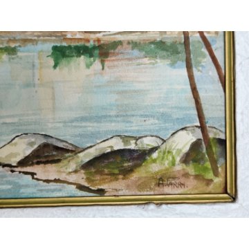 ANTICO QUADRO ACQUERELLO A. Parri PAESAGGIO Isola Pescatori LAGO MAGGIORE 1969