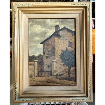 ANTICO QUADRO DIPINTO OLIO TAVOLA L. Roncaglia 1944 PAESAGGIO AGRESTE Temporale